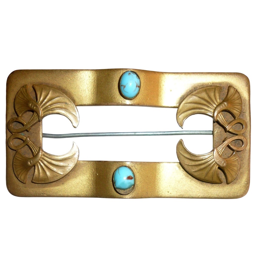 Art Nouveau Sash Pin C.H. Reser Turquoise Brass Ginkgo Leaf‎ Antique Brooch